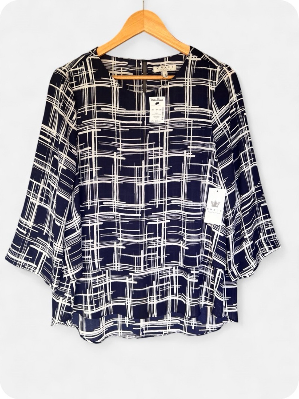 New CHAUS New York Top Sz S Double Layer Navy and White Blouse 3/4 Sleeves